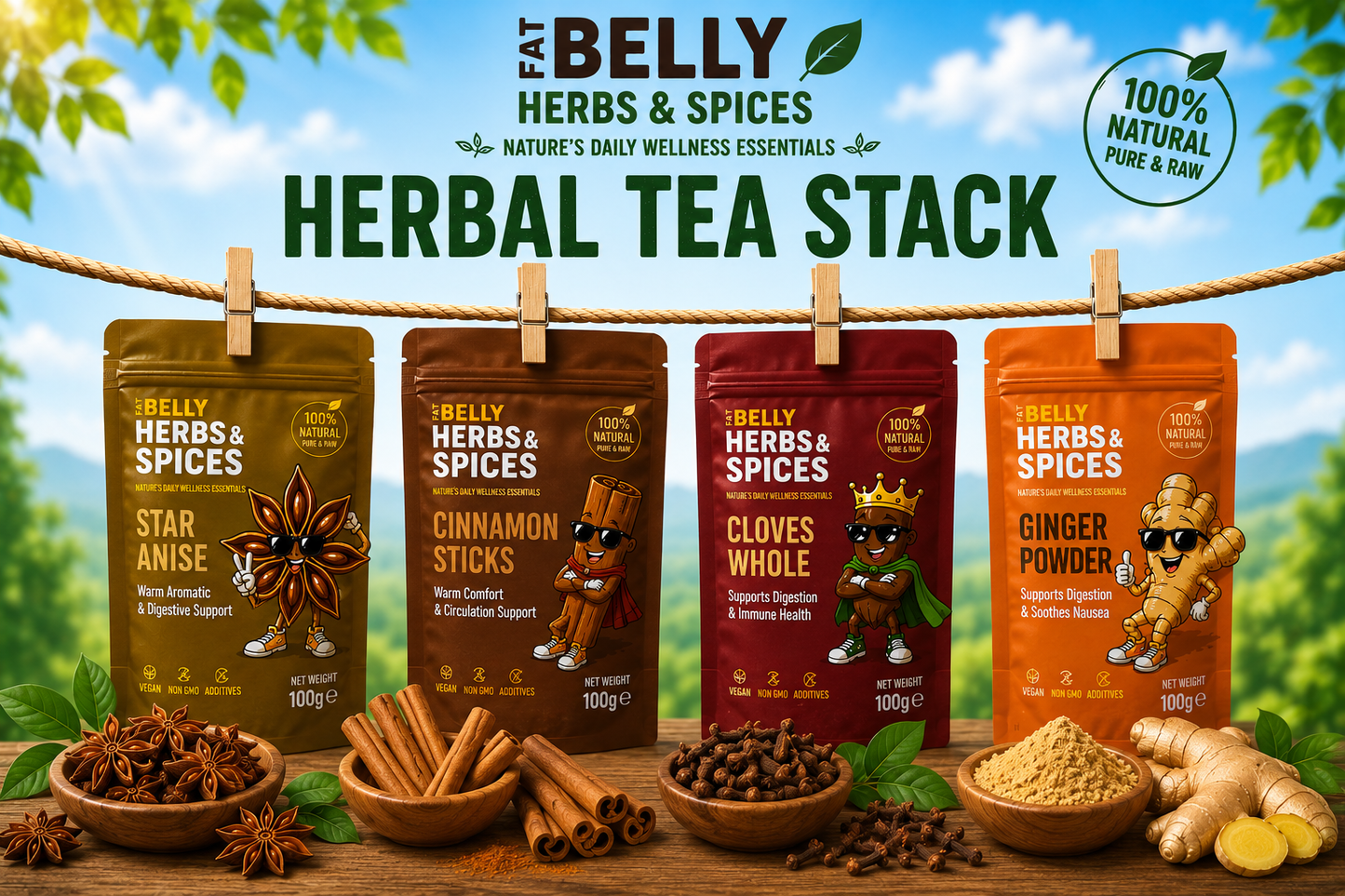 Herbal Tea Stack | Star Anise + Cinnamon + Cloves + Ginger | Fat Belly Herbs and Spices